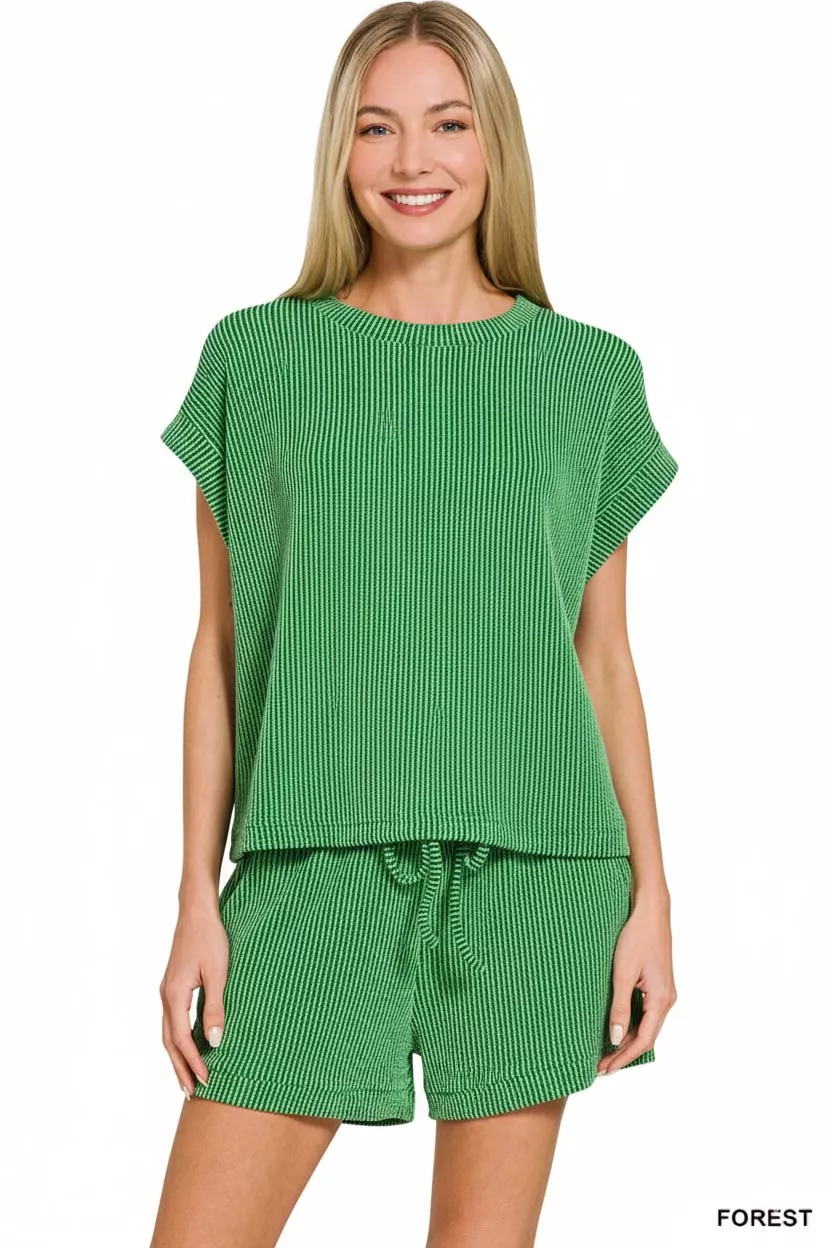 Zenana Raised Rib Cap Sleeve Top & Shorts Set - Image 2