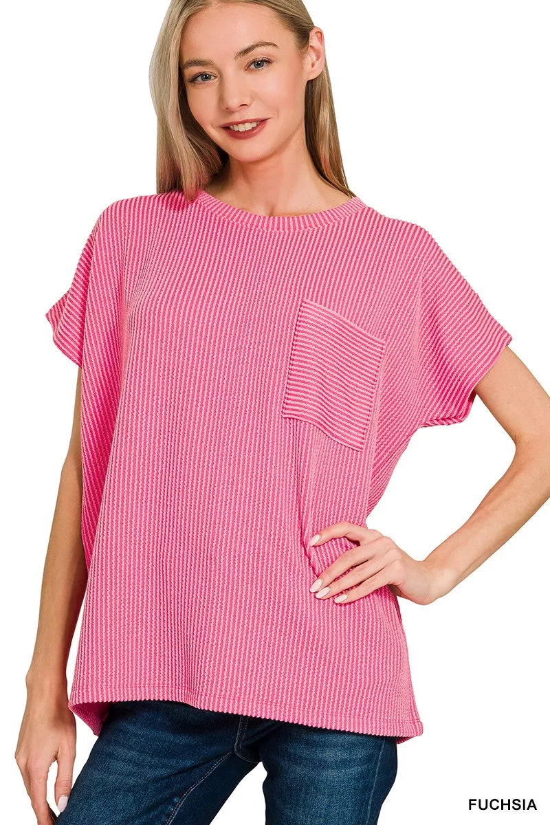 Zenana Raised Rib Front Pocket Boxy Top