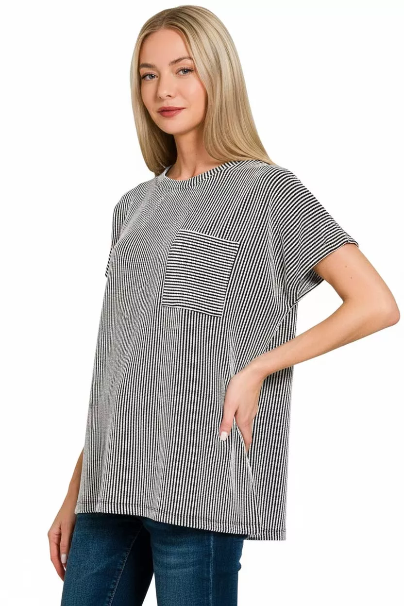Zenana Raised Rib Front Pocket Boxy Top - Image 3
