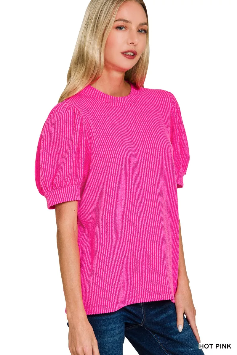 Zenana Raised Rib Puff Sleeve Top - Image 2