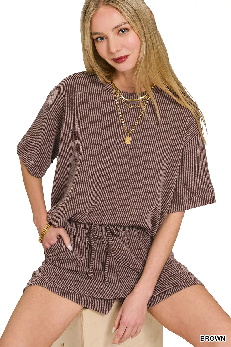 Zenana Raised Rib Short Sleeve Tee and Drawstring Shorts Set - Image 4