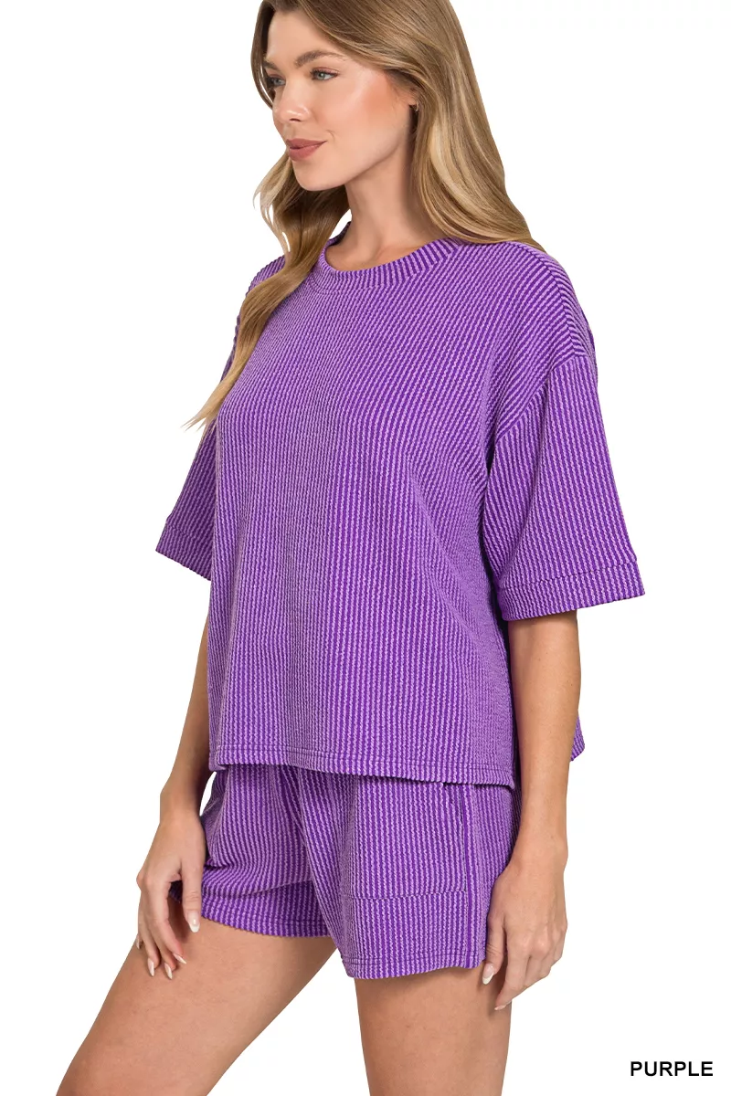 Zenana Raised Rib Short Sleeve Tee and Drawstring Shorts Set - Image 2