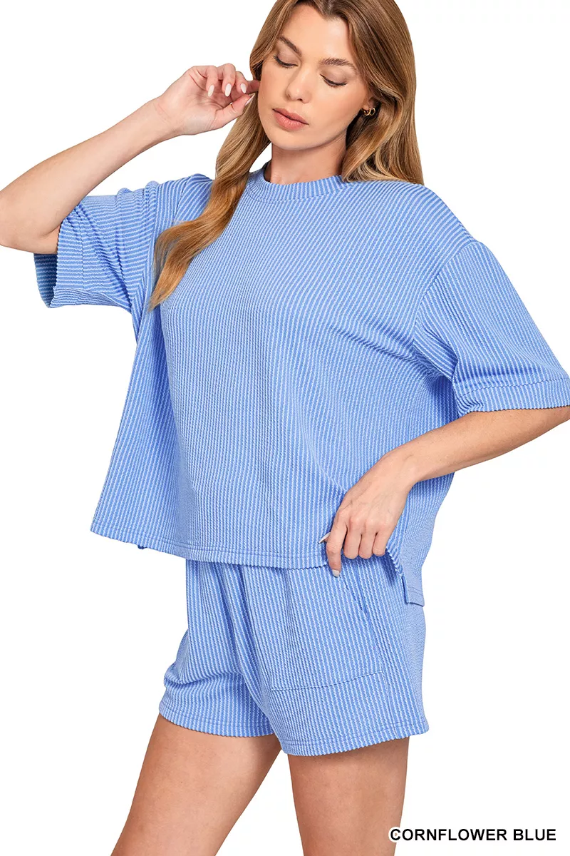 Zenana Raised Rib Short Sleeve Tee and Drawstring Shorts Set - Image 2