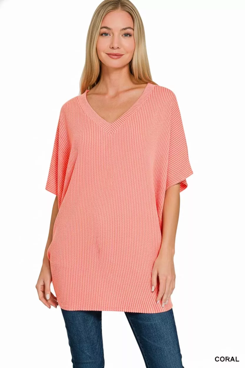 Zenana Raised Rib V-Neck Batwing Top - Image 2