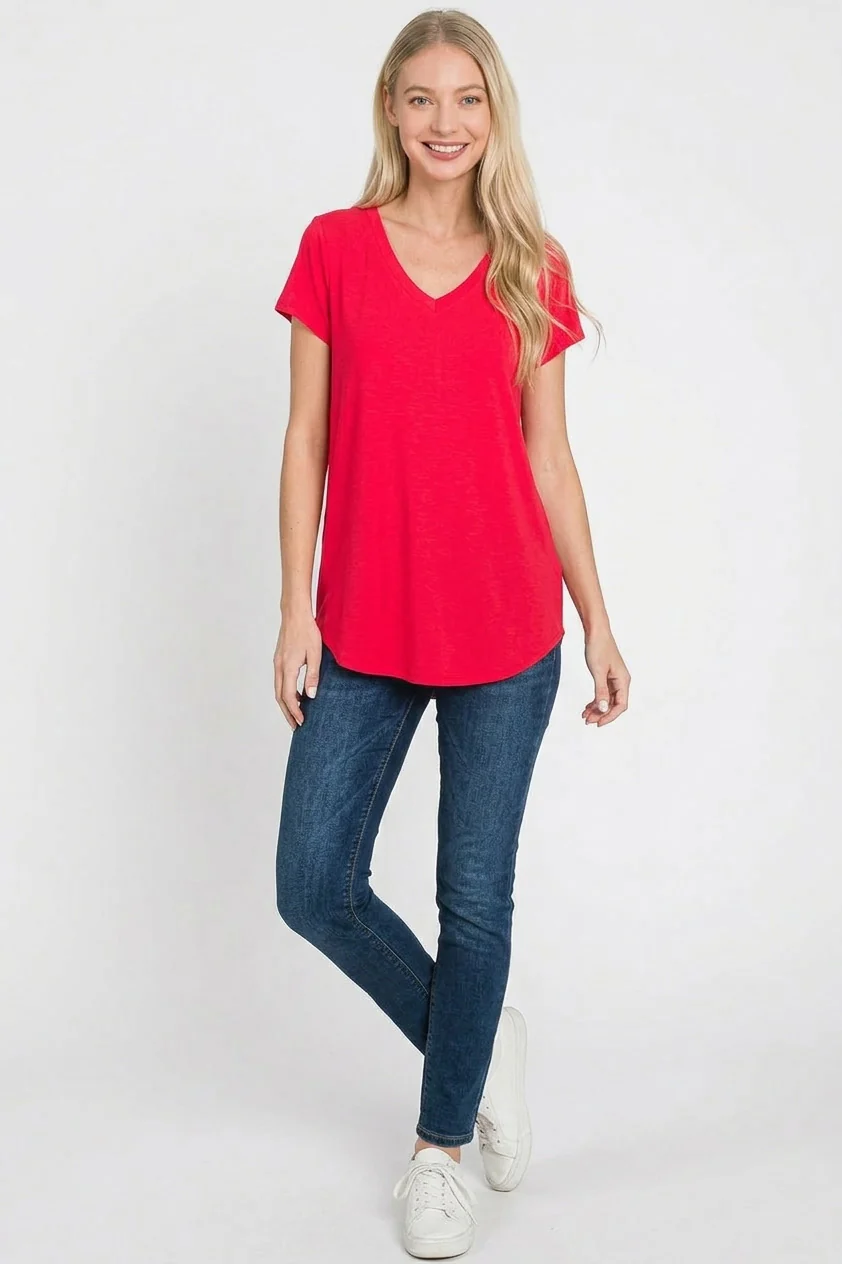 Zenana Rayon Short Sleeve V-neck Round Hem Top - Image 2