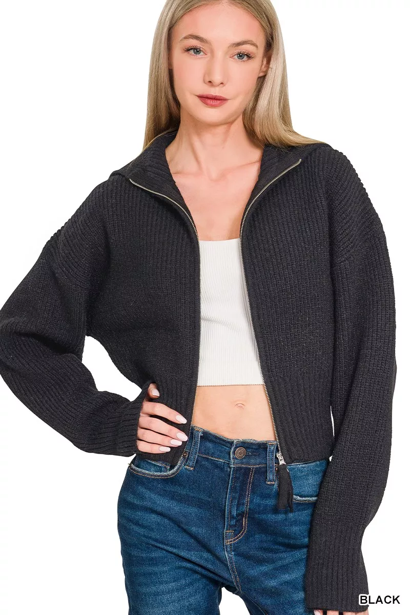 Zenana Ribbed Collared Zip Up Sweater Cardigan - Image 2