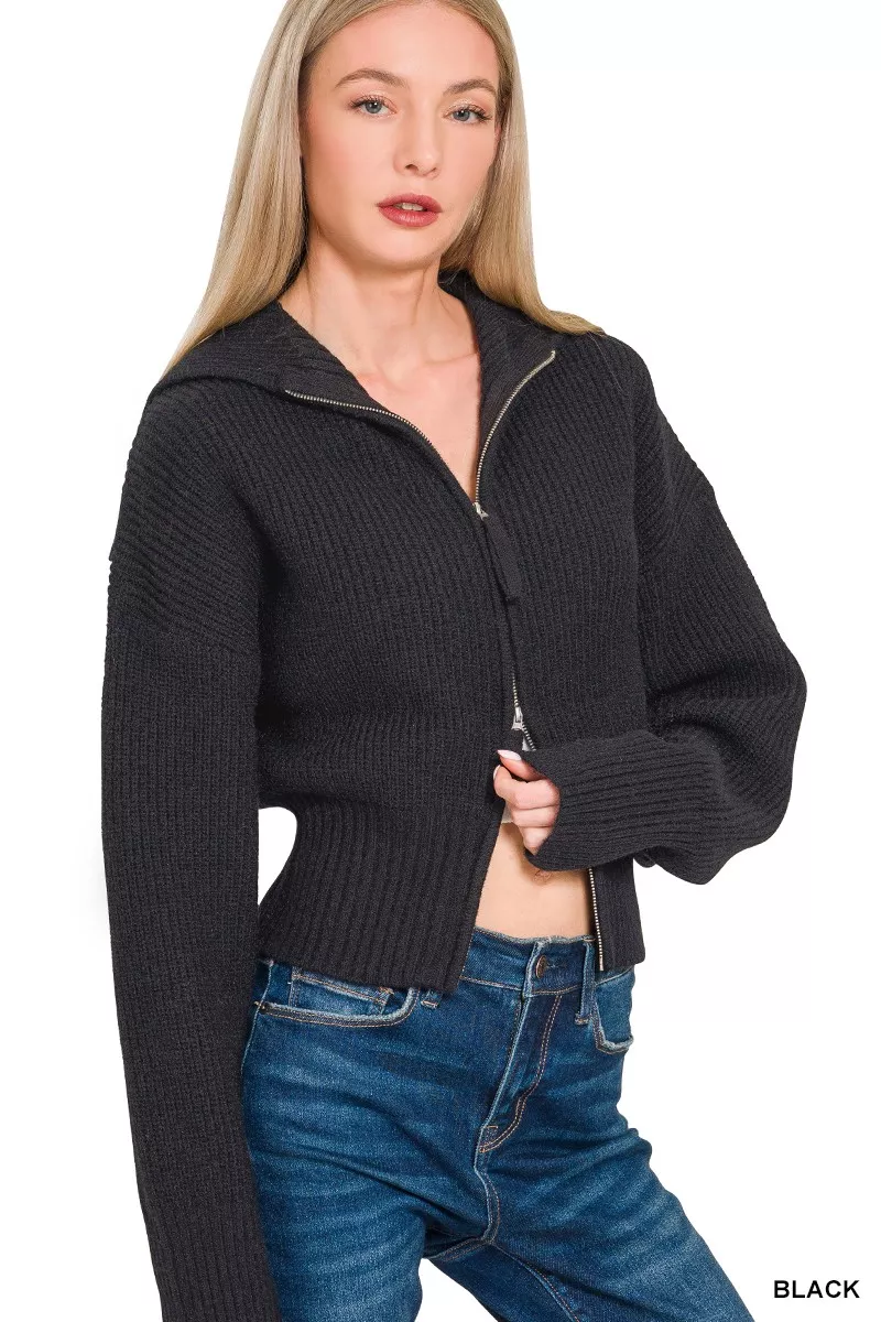 Zenana Ribbed Collared Zip Up Sweater Cardigan - Image 3