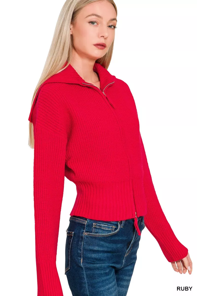 Zenana Ribbed Collared Zip Up Sweater Cardigan - Image 3