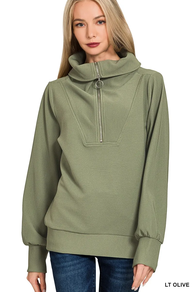 Zenana Ribbed High Neck Half Zip Pullover & Pants Set - Image 6