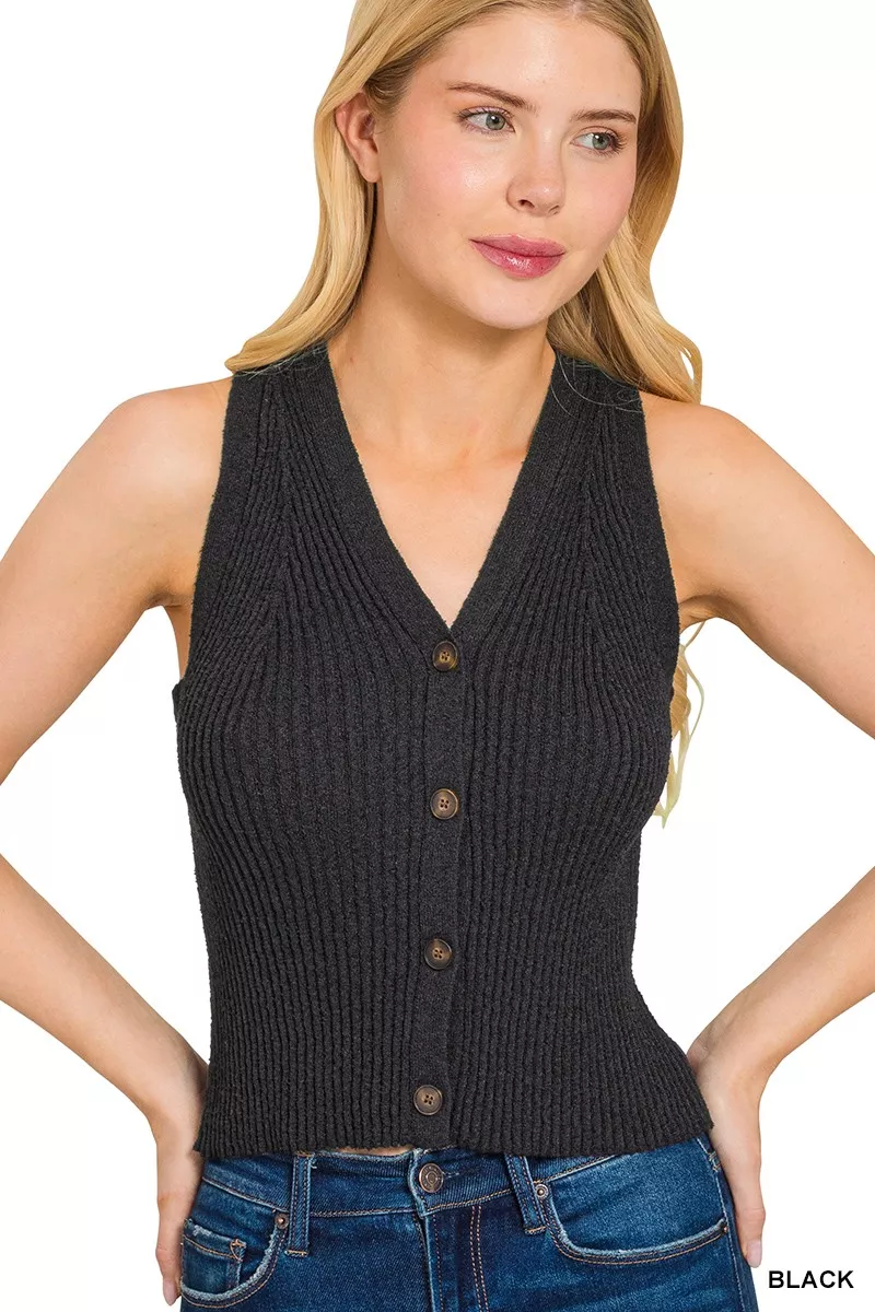 Zenana Ribbed Knit Button-Down Sweater Vest - Image 2