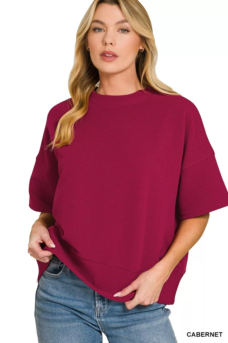 Zenana Ribbed Round Neck Waist Banded T-Shirt - Image 2