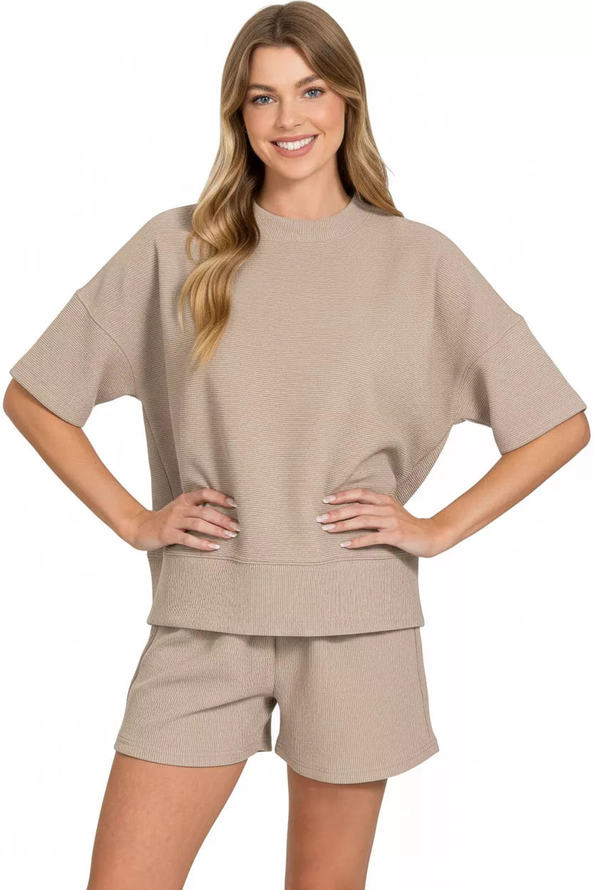 Zenana Ribbed Round Neck Waist Banded Tee & Shorts Set - Image 3
