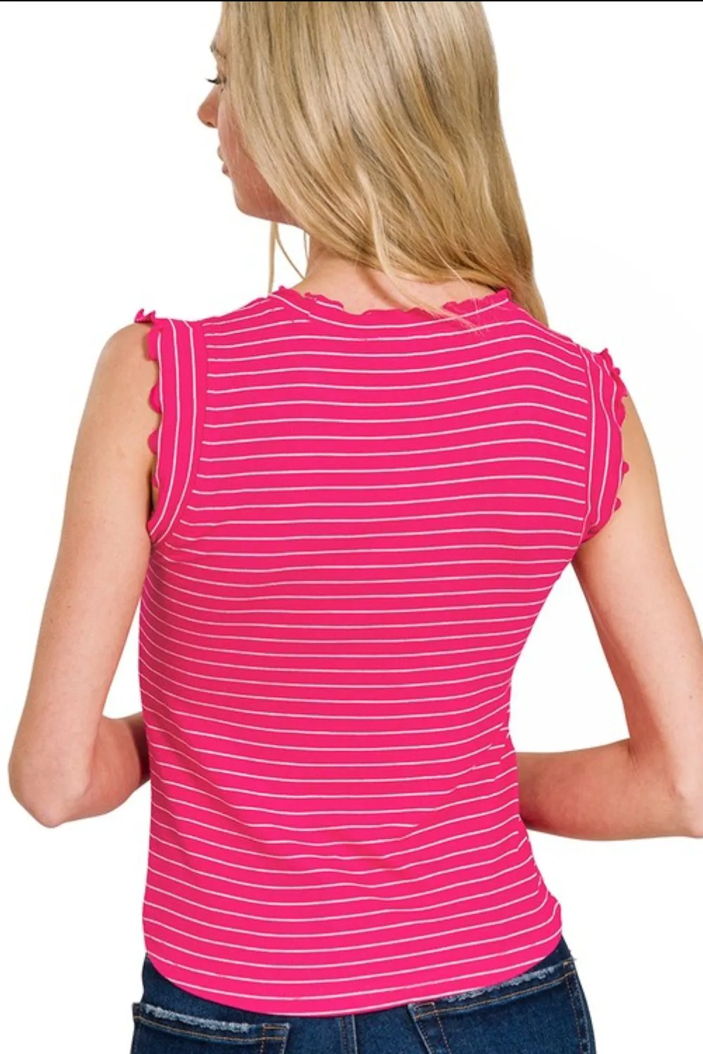 Zenana Ribbed Ruffle Trim Sleeveless Stripe Top - Image 3