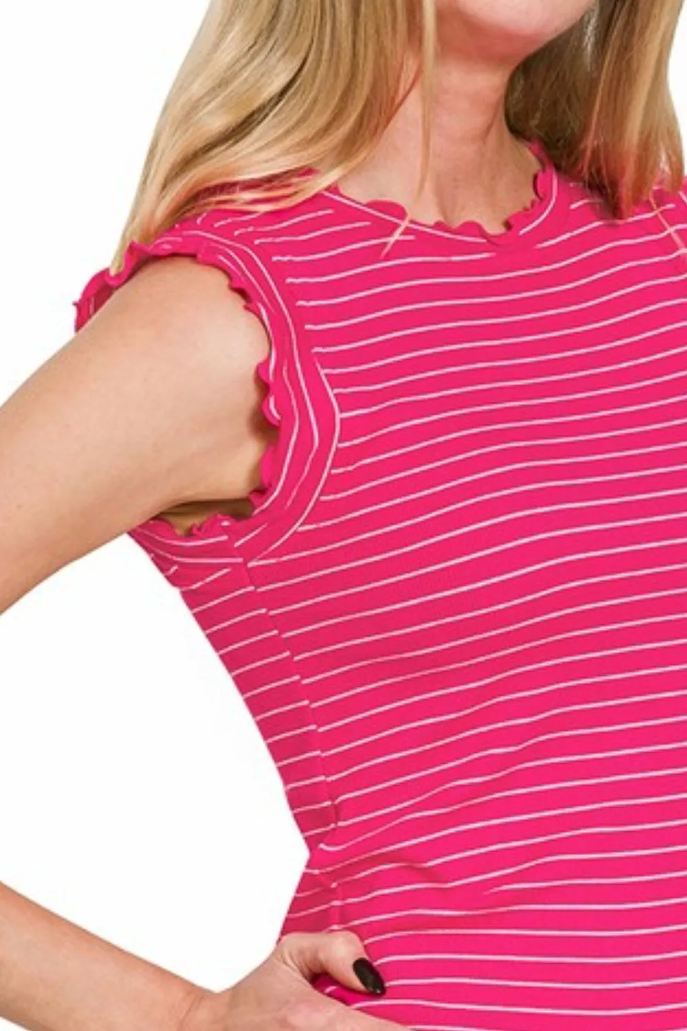 Zenana Ribbed Ruffle Trim Sleeveless Stripe Top - Image 4