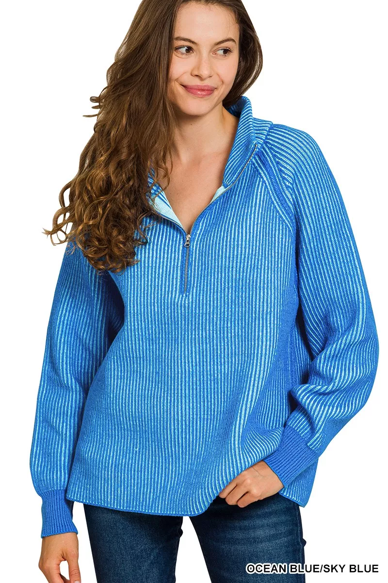 Zenana Ribbed Two Tone Half Zip Sweater