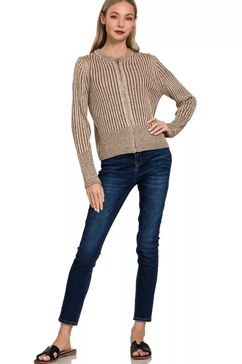 Zenana Ribbed Two Tone Zip Up Sweater Cardigan - Image 3