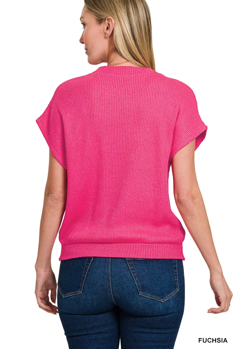 Zenana Round Neck Banded Botton Short Sleeve Sweater - Image 2