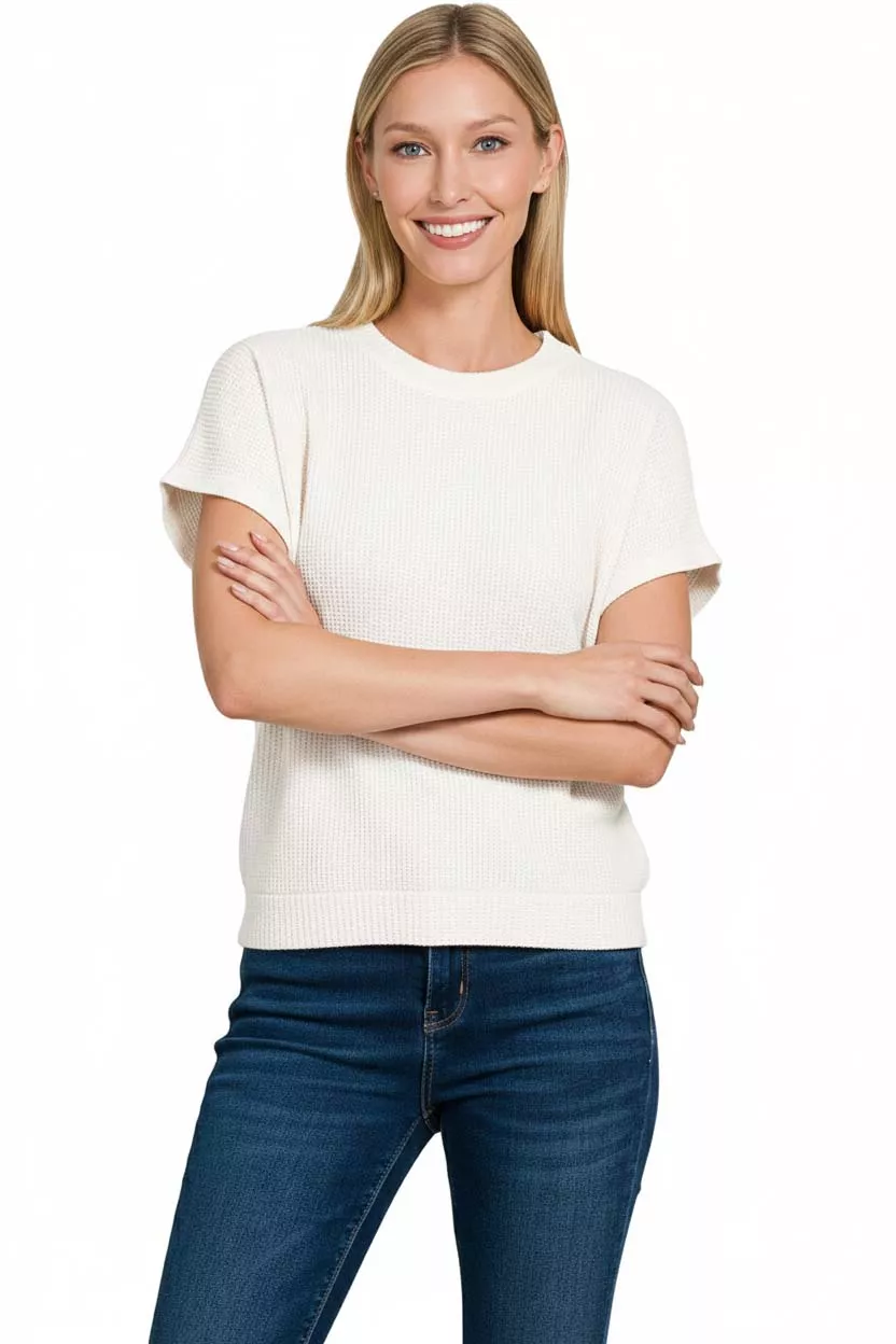 Zenana Round Neck Banded Botton Short Sleeve Sweater - Image 2