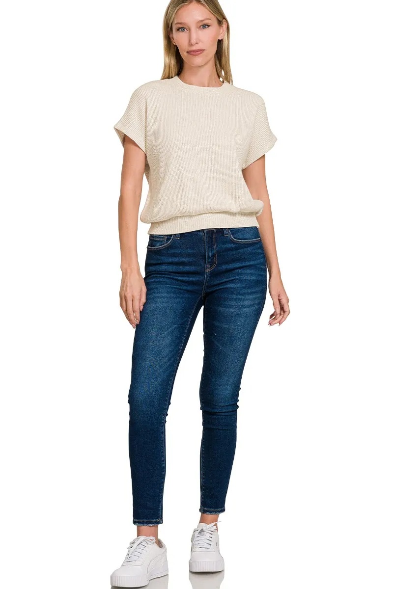 Zenana Round Neck Banded Botton Short Sleeve Sweater - Image 2