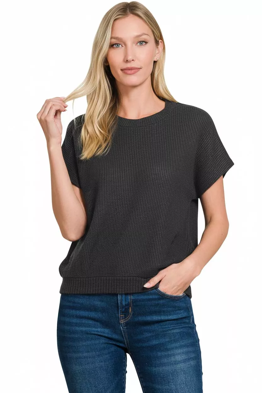 Zenana Round Neck Banded Botton Short Sleeve Sweater - Image 3