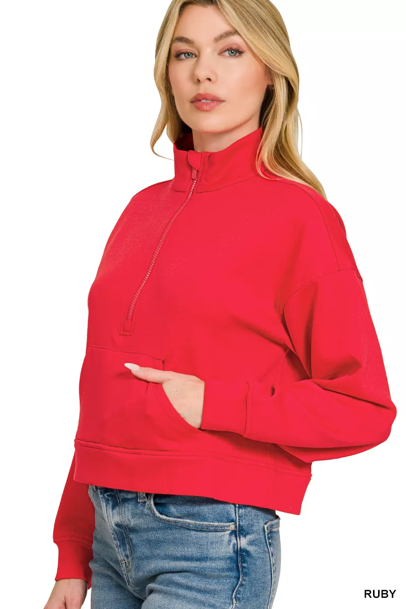 Zenana Scuba Half Zip Pullover With Kangaroo Pockets - Image 2