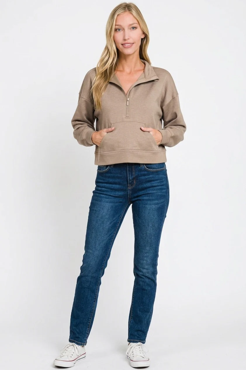 Zenana Scuba Half Zip Pullover With Kangaroo Pockets - Image 3