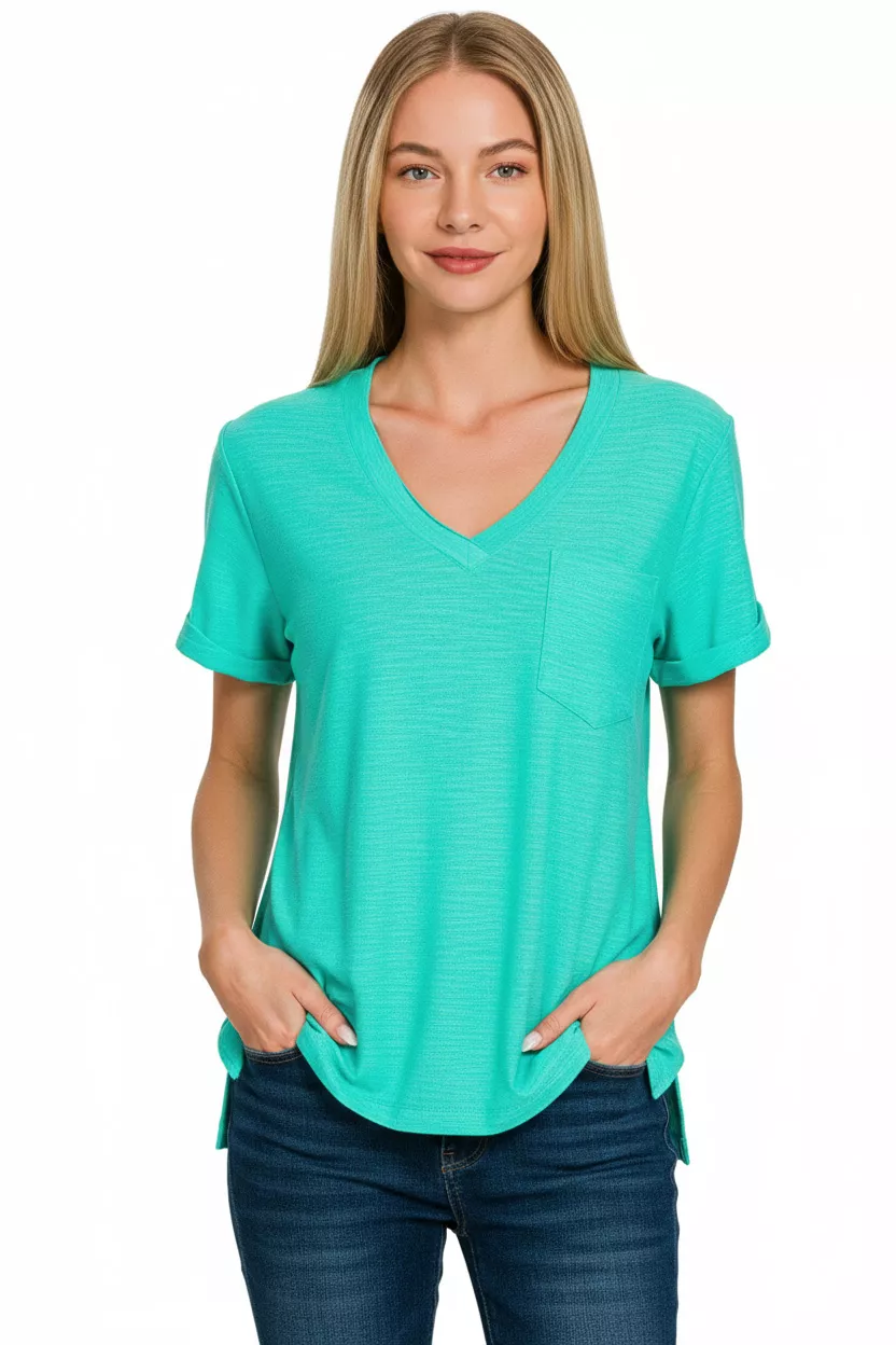 Zenana Slub Rolled Short Sleeve V-Neck Tee - Image 3