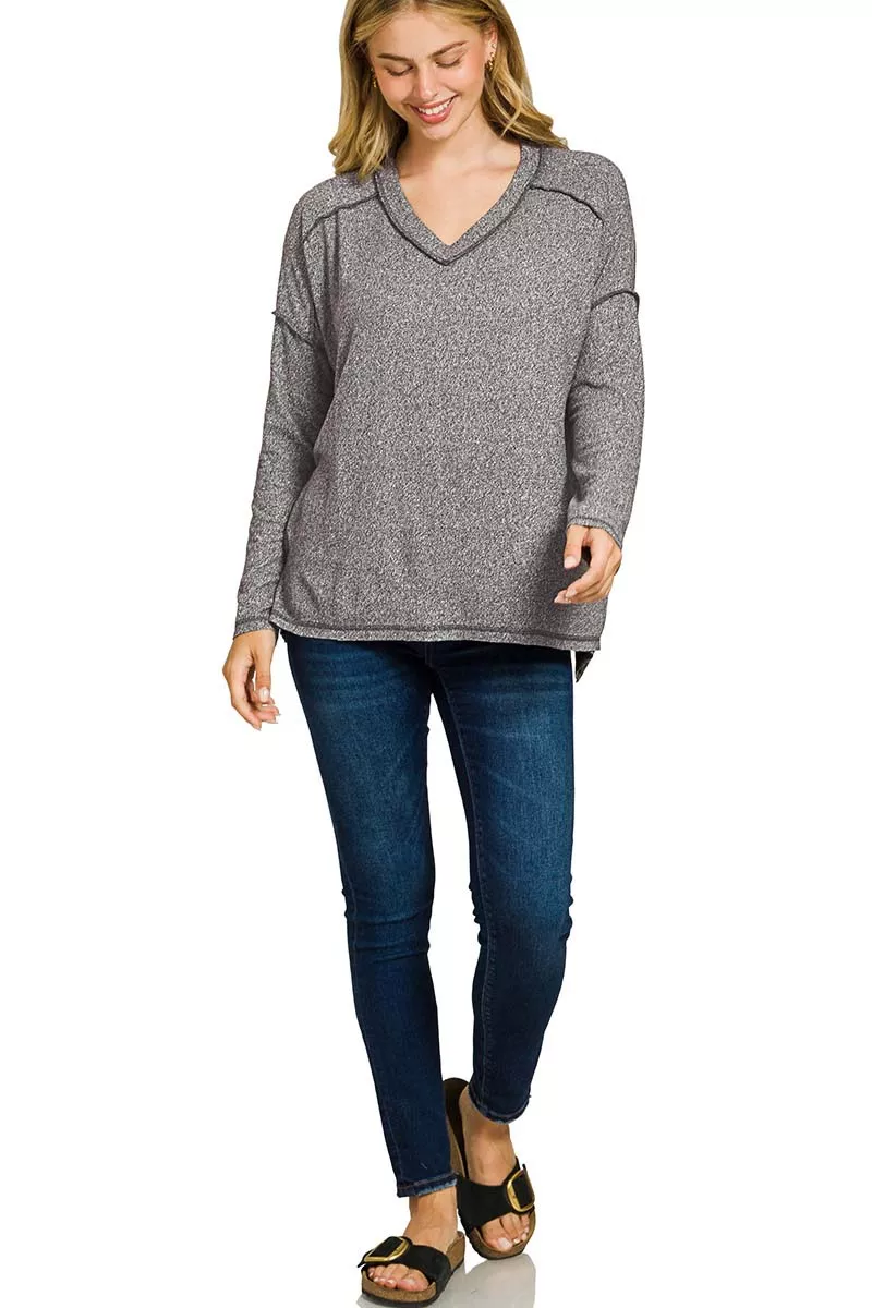 Zenana Soft Melange Hacci Exposed Seam Hi-low Tee - Image 2