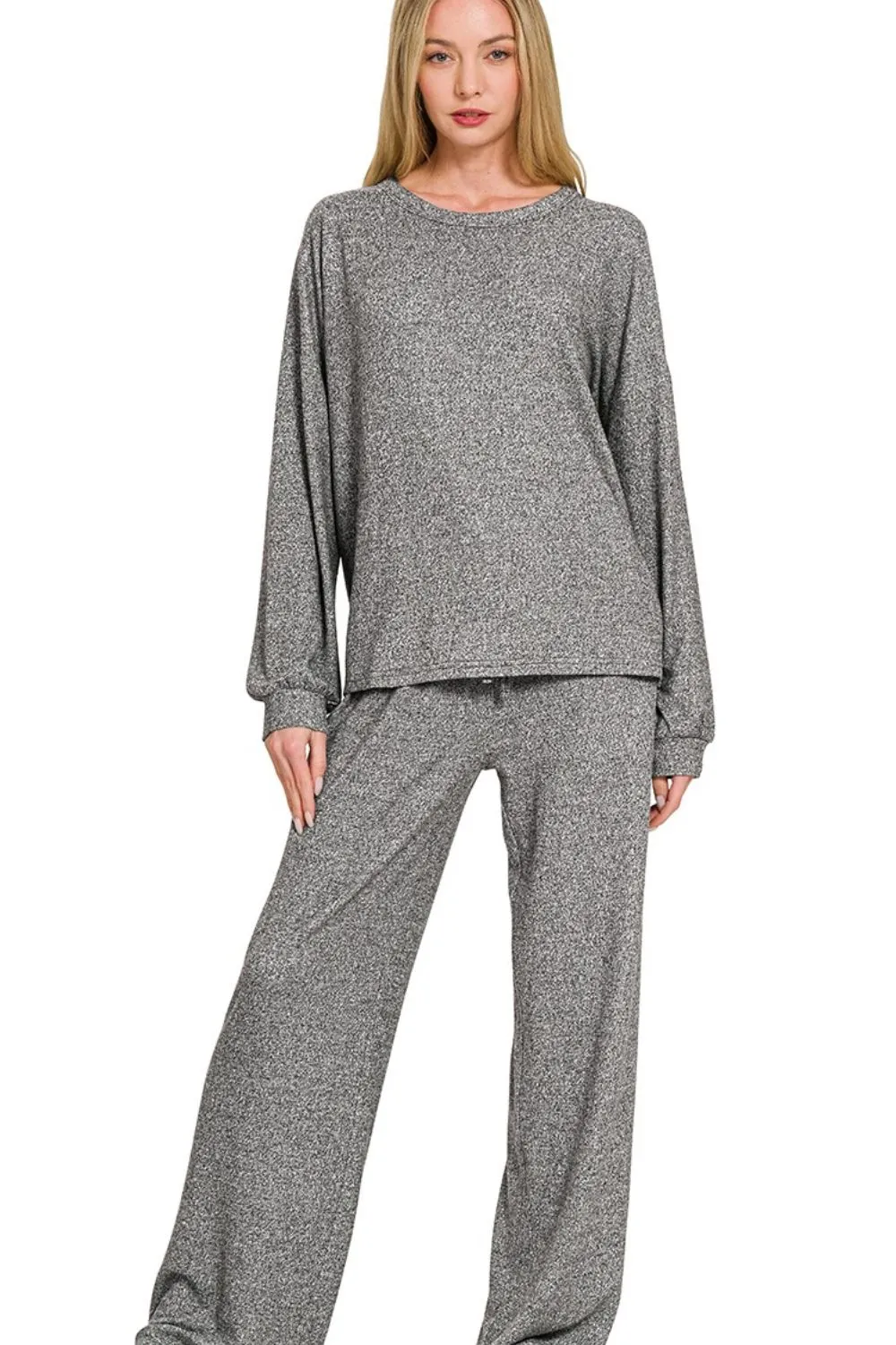 Zenana Soft Melange Hacci Long Slv Tee & Pants Set - Image 2