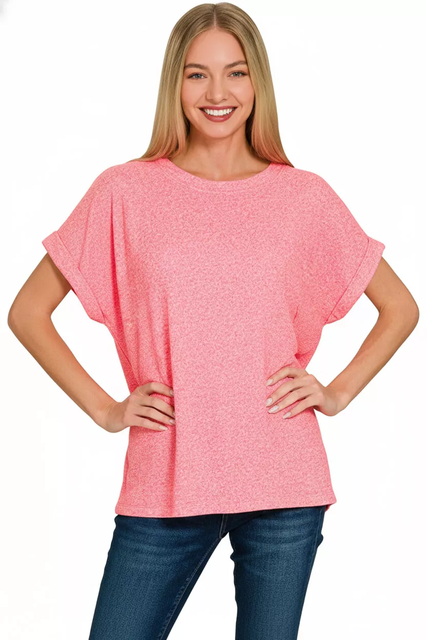 Zenana Soft Melange Hacci Short Sleeve Round Neck Top - Image 2