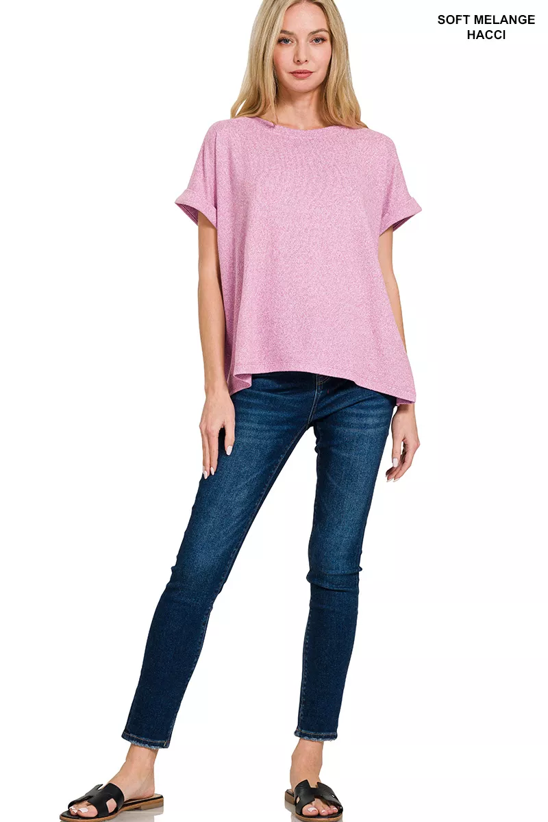 Zenana Soft Melange Hacci Short Sleeve Round Neck Top - Image 2