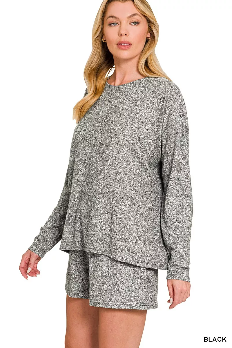 Zenana Soft Melange Long Sleeve Tee and Shorts Set - Image 2