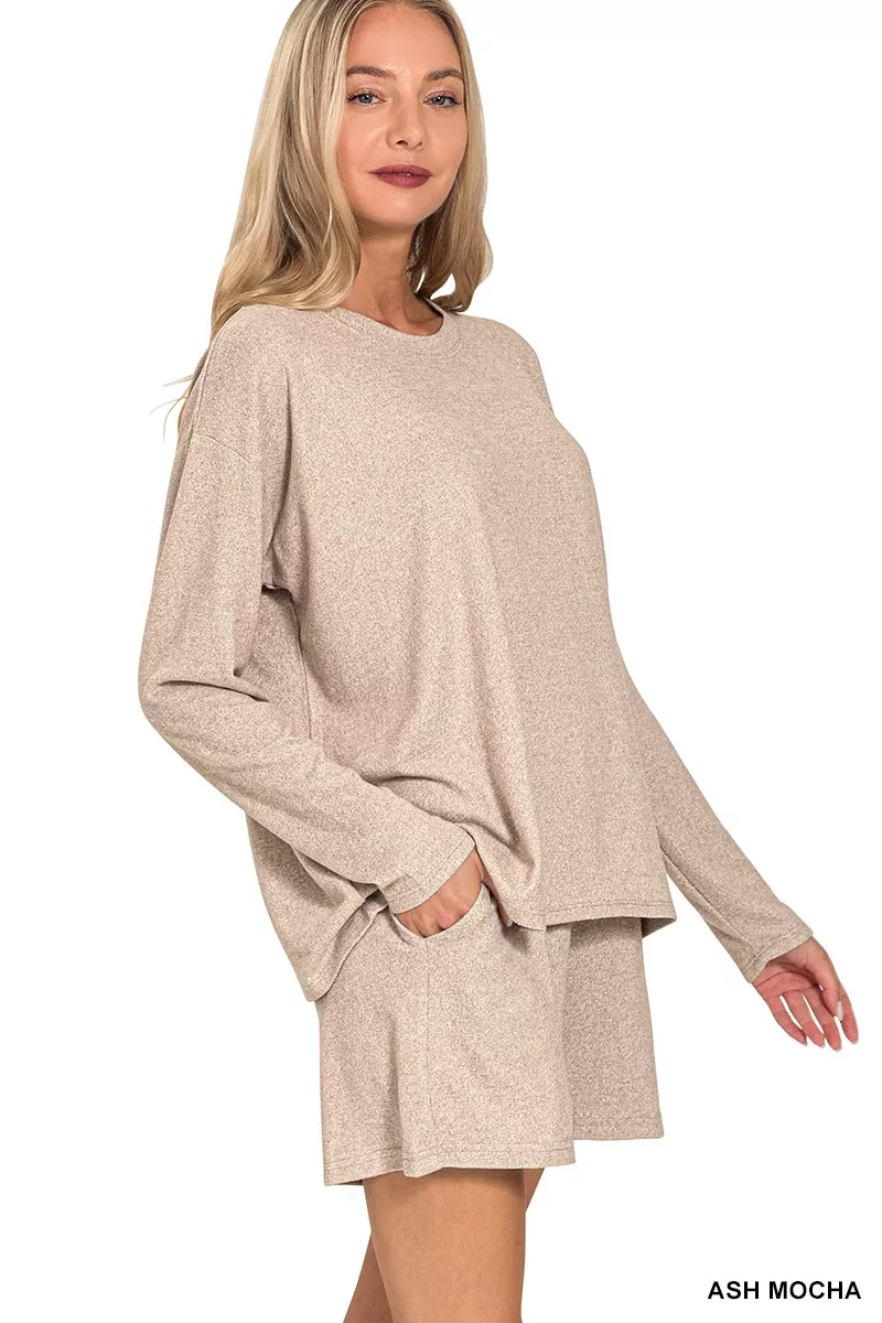 Zenana Soft Melange Long Sleeve Tee and Shorts Set - Image 2