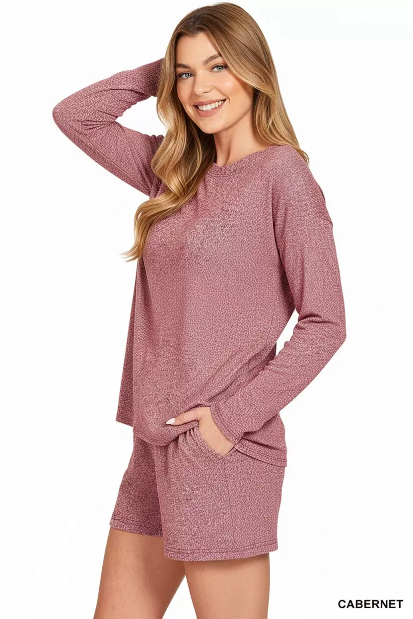 Zenana Soft Melange Long Sleeve Tee and Shorts Set - Image 3