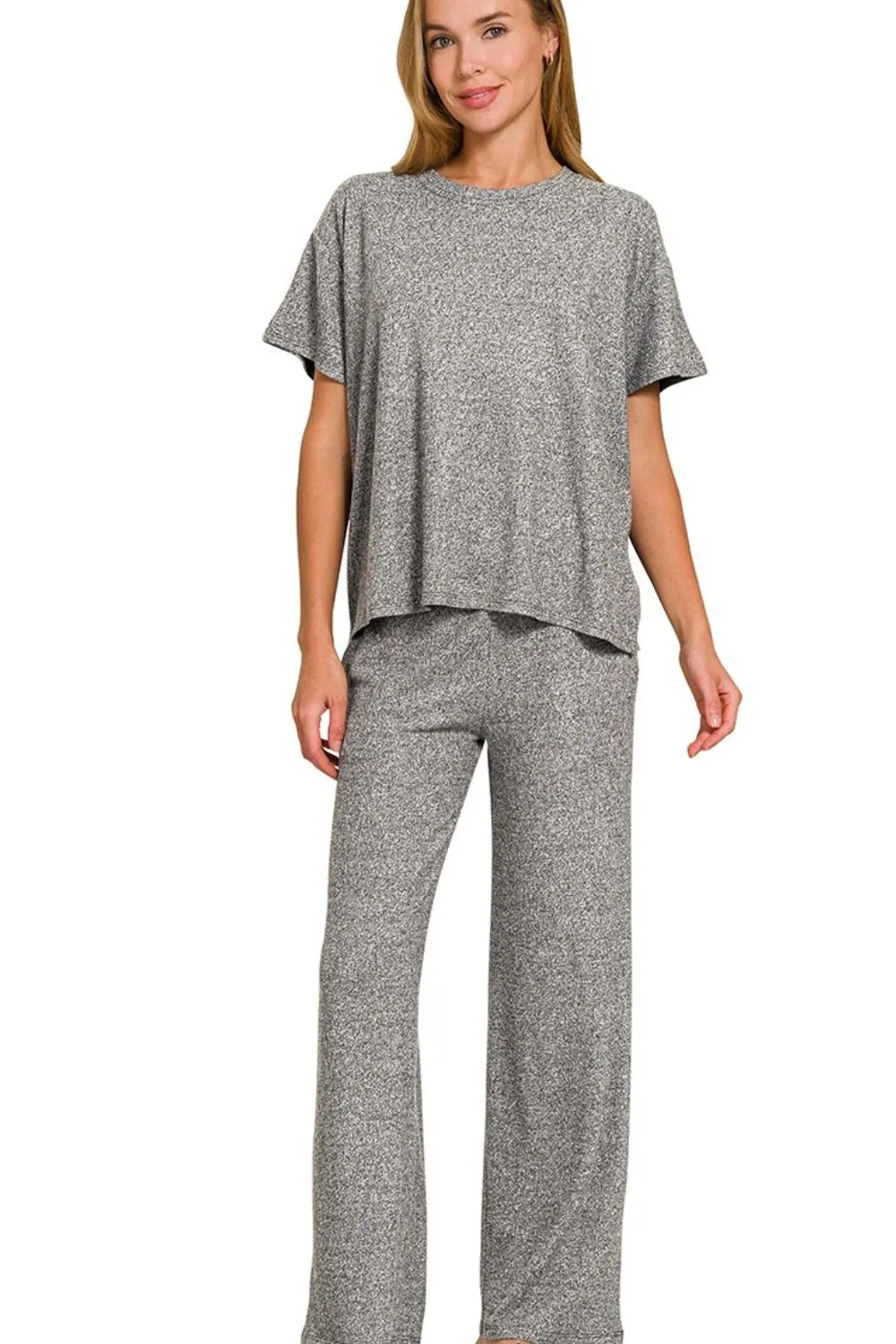 Zenana Soft Melange Short Sleeve Tee & Long Pants Set - Image 2