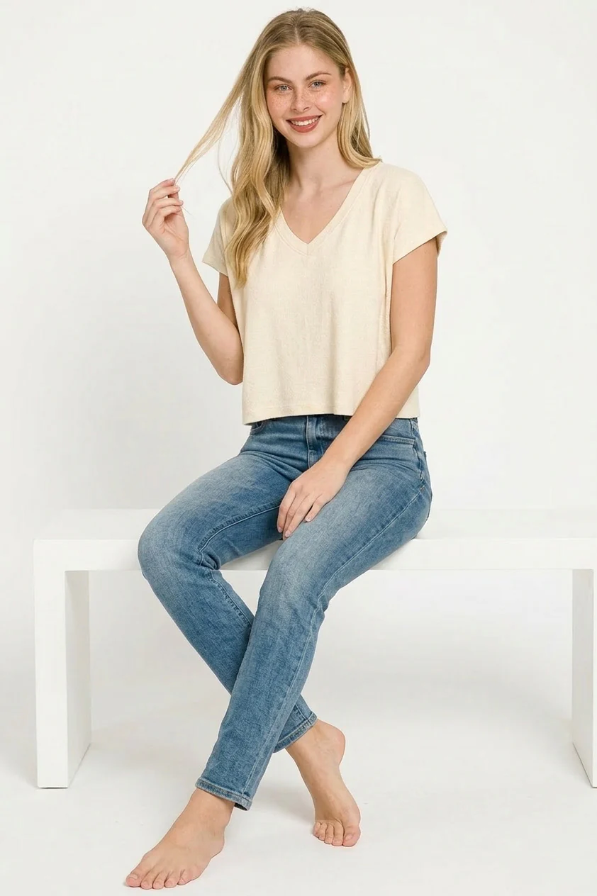 Zenana Soft Melange V-neck Drop Shoulder Cropped Top - Image 3