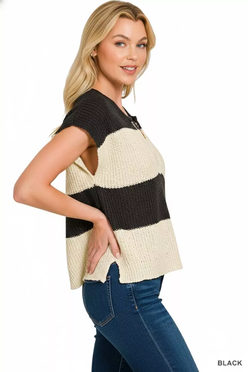 Zenana Split Neck Sleeveless Stripe Sweater - Image 3