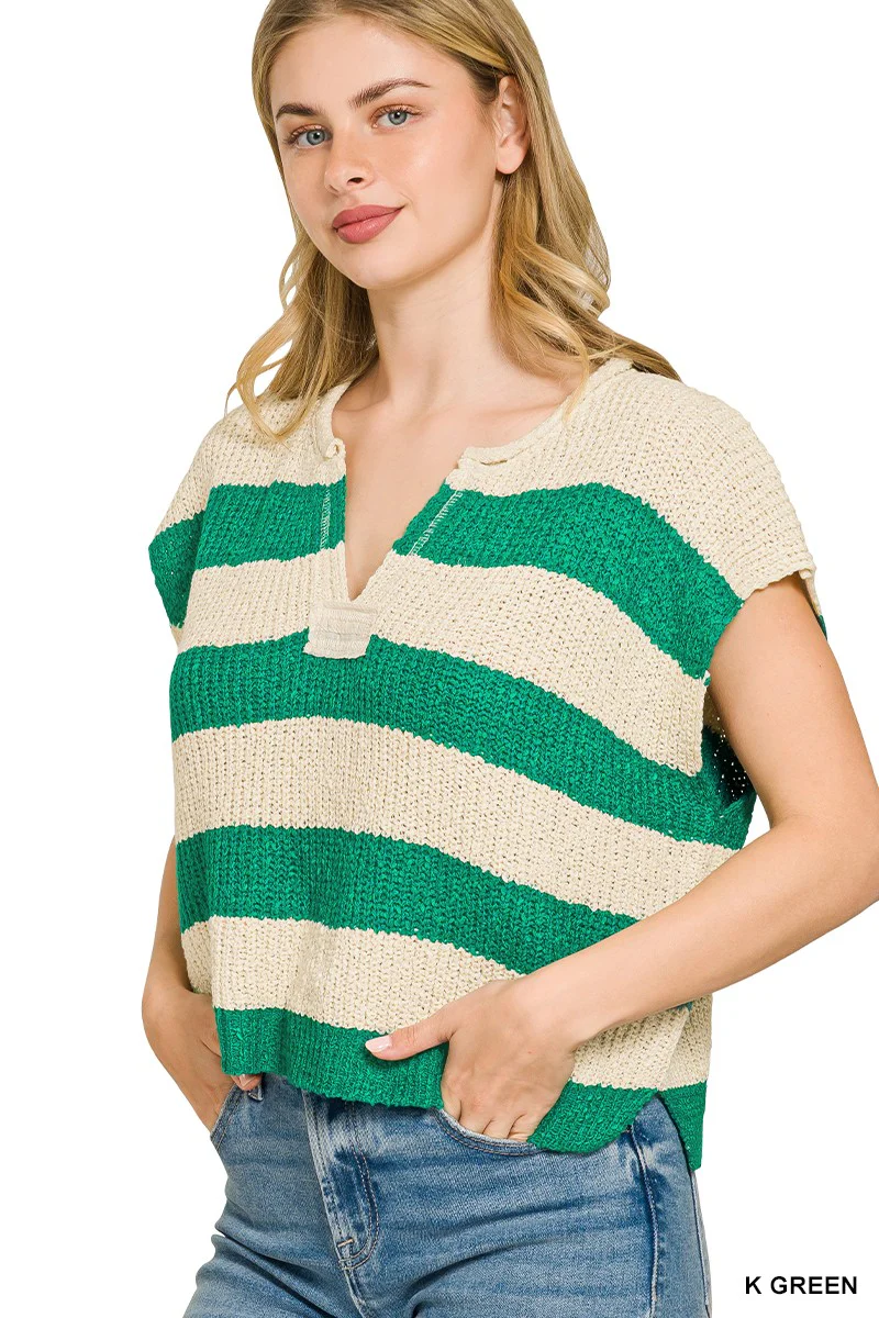 Zenana Split Neck Stripe Sleevless Sweater - Image 2