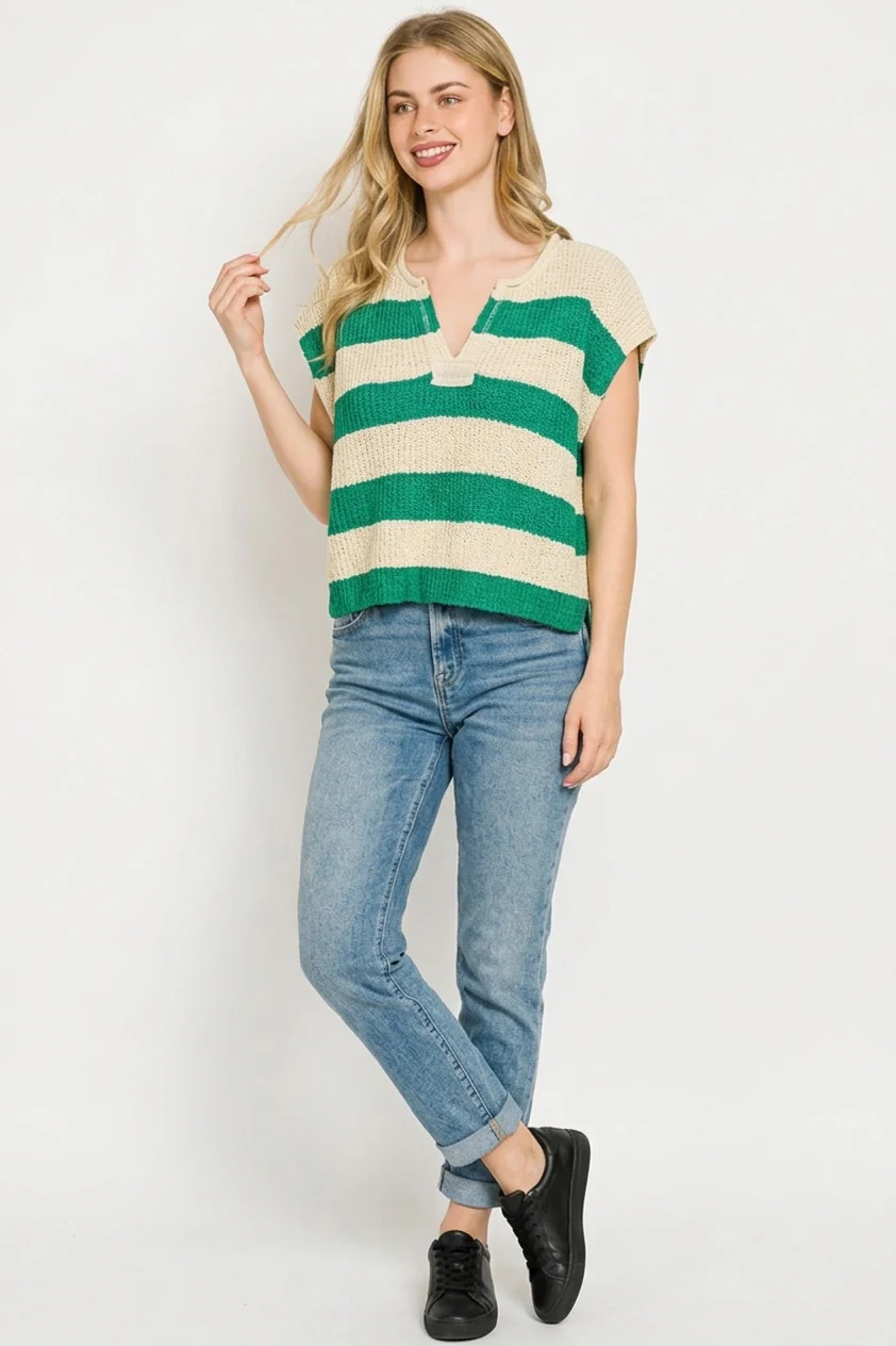 Zenana Split Neck Stripe Sleevless Sweater - Image 3