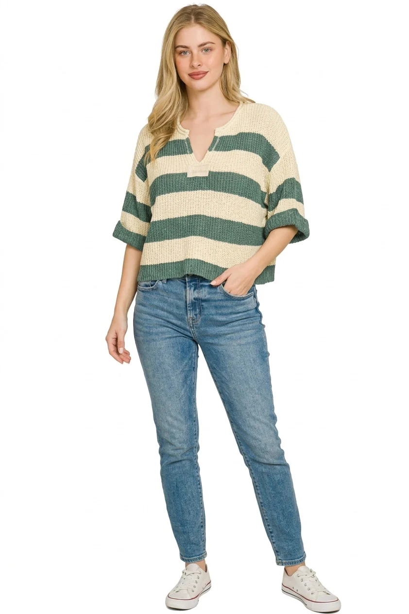 Zenana Split Neck Stripe Sweater - Image 3