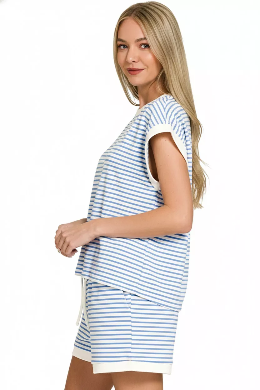 Zenana Stripe Contrast Trim Top & Shorts Set - Image 3