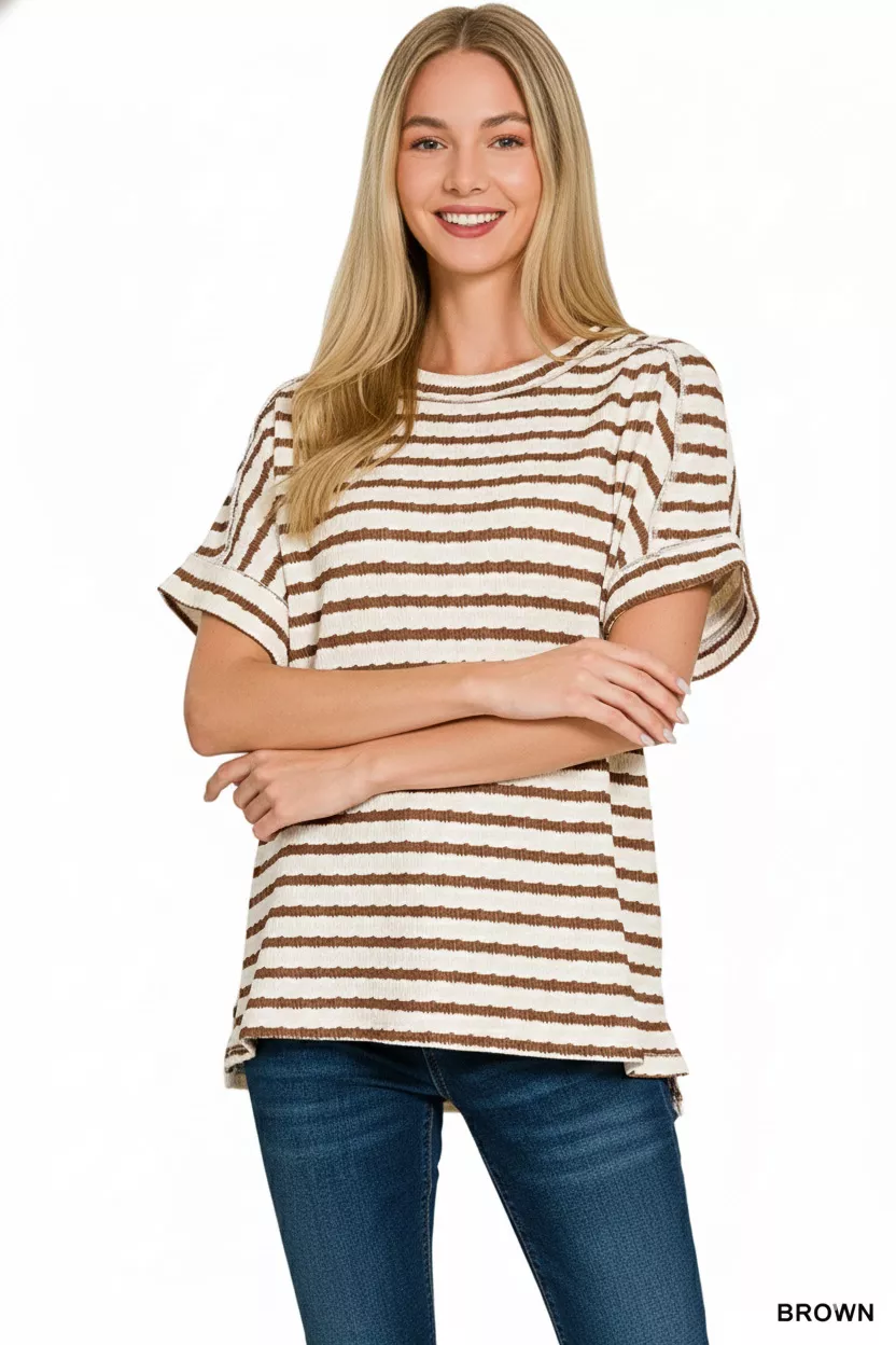 Zenana Stripe Jacquard Round-Meck Tee - Image 2
