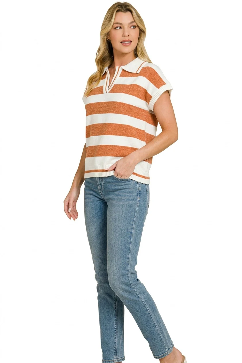 Zenana Striped Collared Short Sleeve Sweater - Image 2