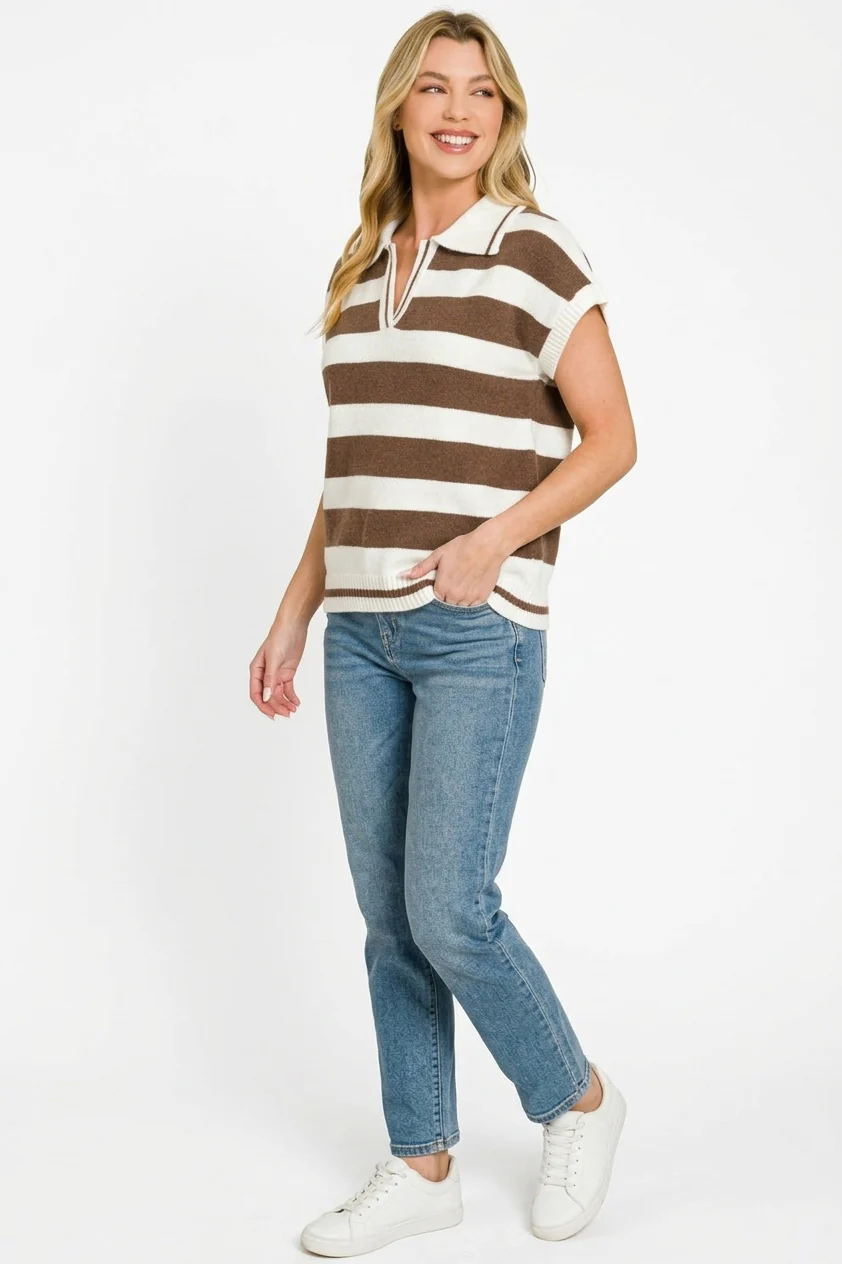 Zenana Striped Collared Short Sleeve Sweater - Image 3