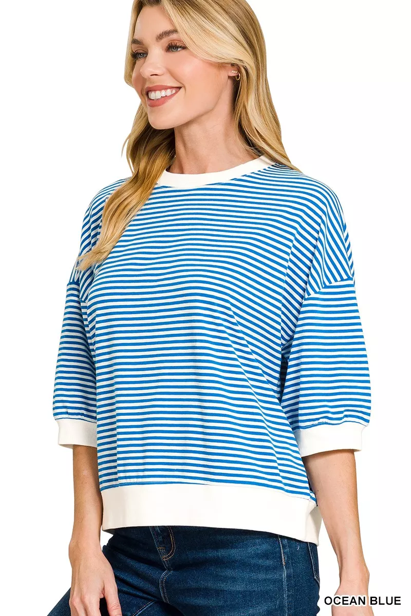 Zenana Striped Contrast Trim Banded Bottom Top - Image 2