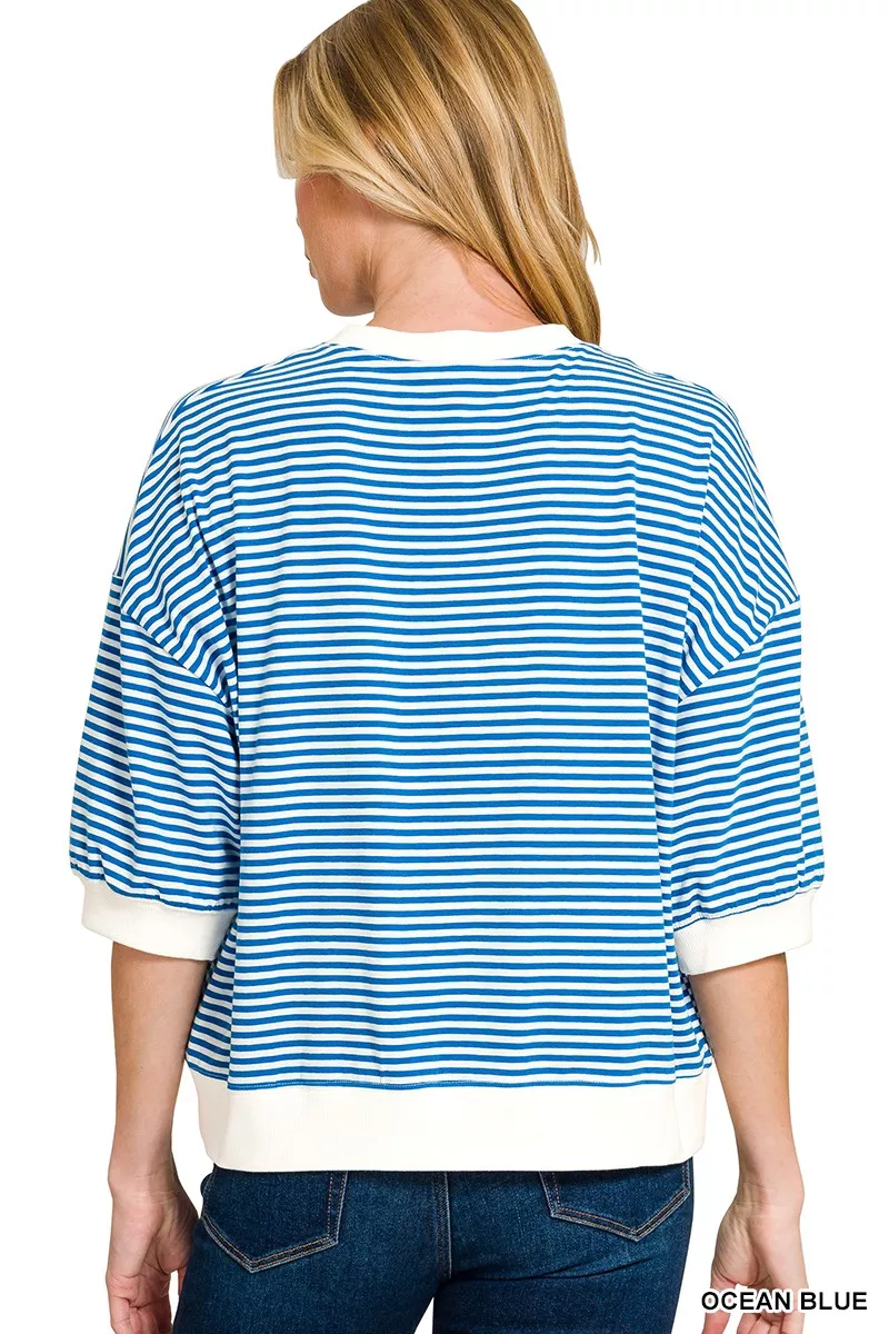Zenana Striped Contrast Trim Banded Bottom Top - Image 3