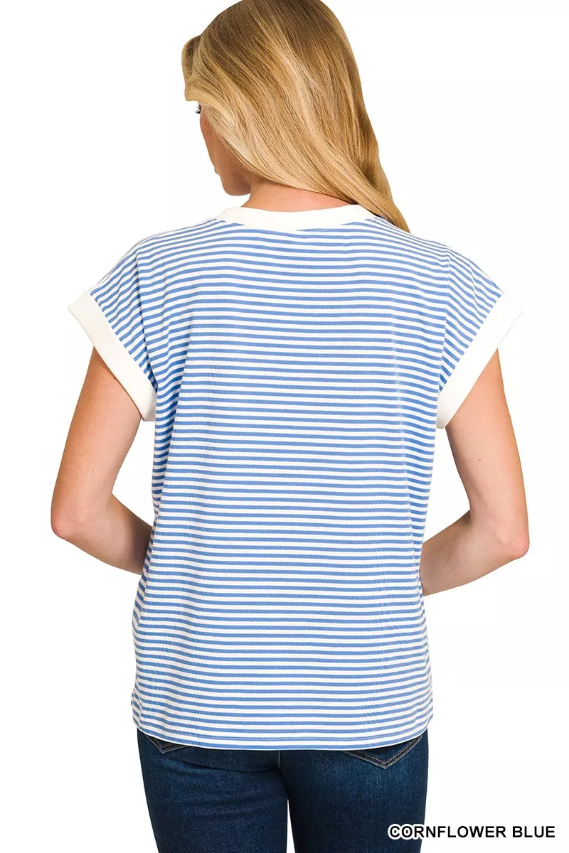 Zenana Striped Round Neck Short Sleeve Contrast Trim T-Shirt - Image 2