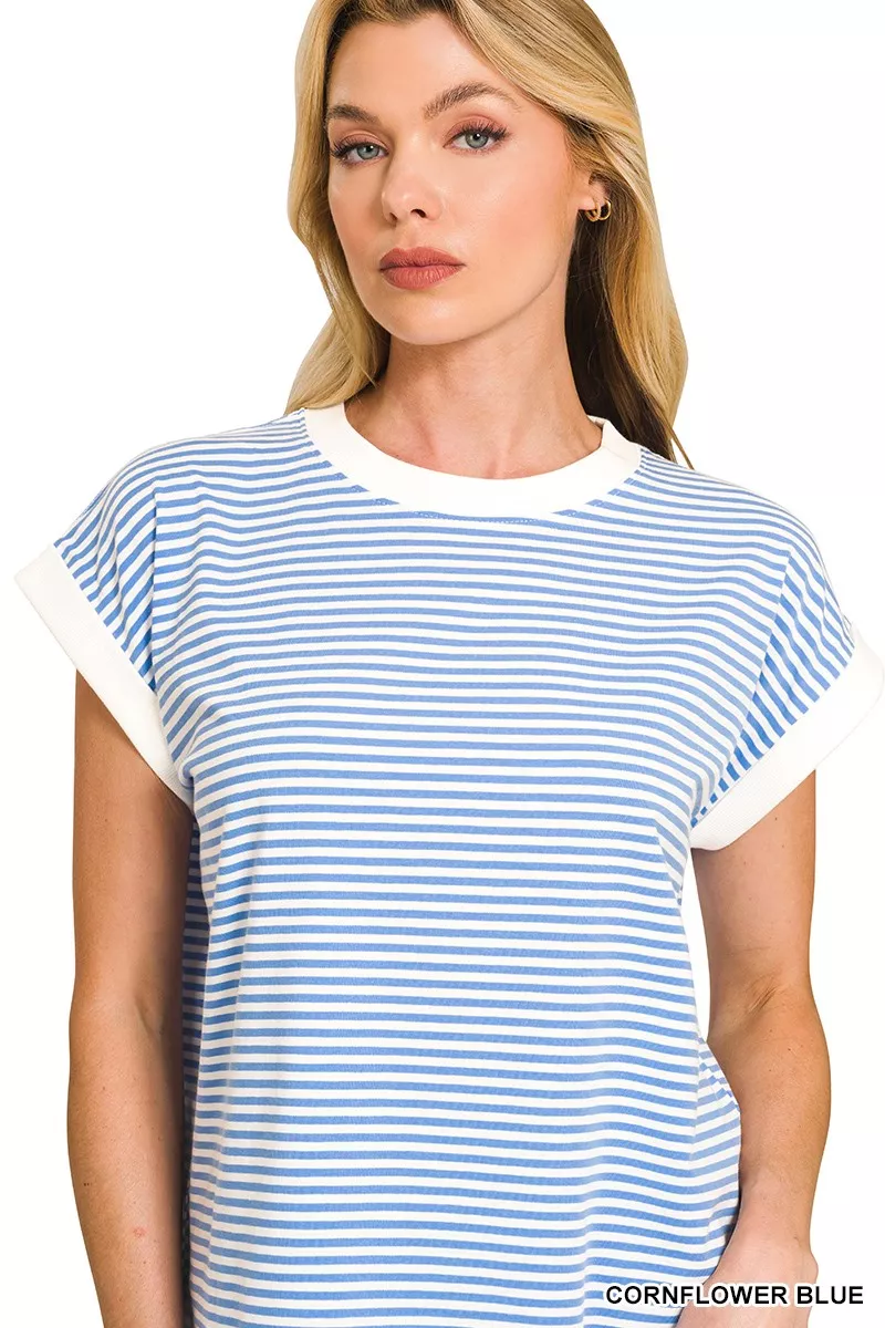 Zenana Striped Round Neck Short Sleeve Contrast Trim T-Shirt - Image 3