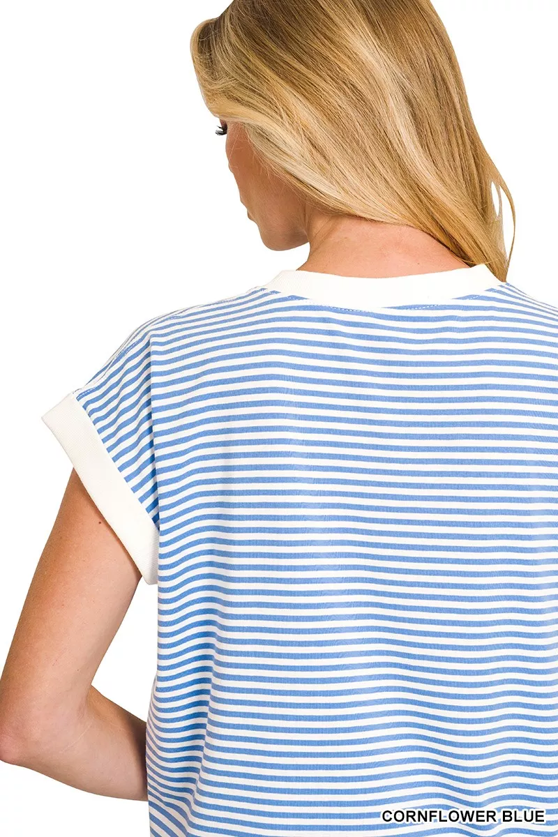 Zenana Striped Round Neck Short Sleeve Contrast Trim T-Shirt - Image 4