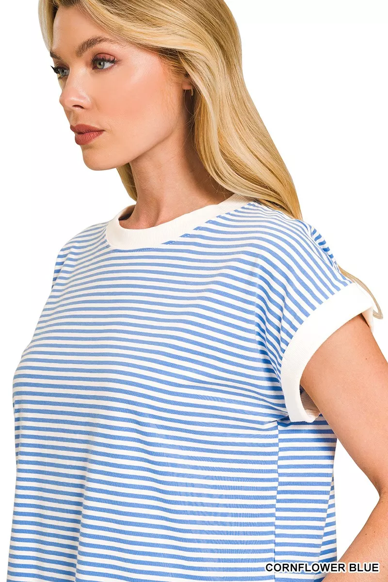 Zenana Striped Round Neck Short Sleeve Contrast Trim T-Shirt - Image 5